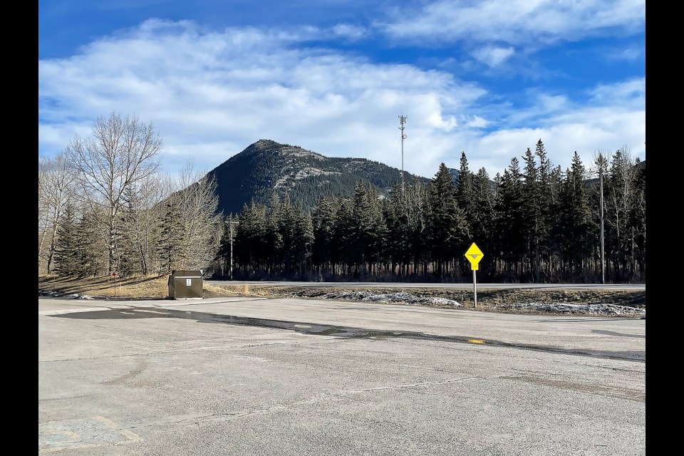 The location of a porta-potty that was placed across from the Exshaw Legion, next to the Highway 1A from May 1 to Sept. 30, 2023 as part of a portable toilet trial program the MD of Bighorn is considering renewing in the hamlet in 2024. 

JESSICA LEE RMO PHOTO