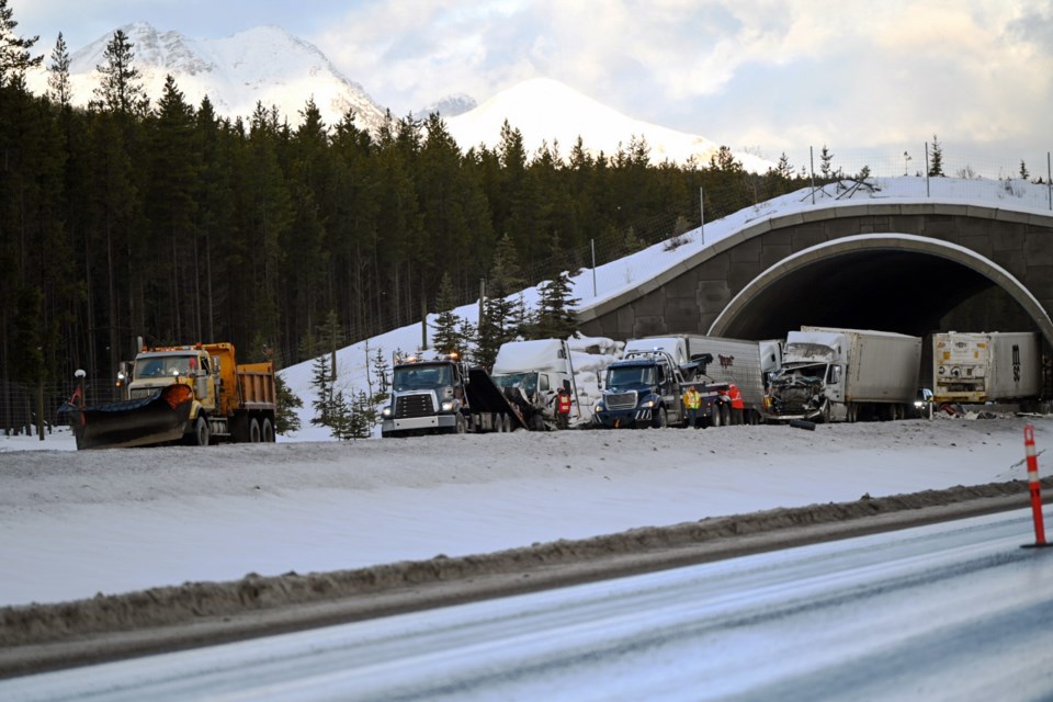 A multi-vehicle collision involving semi trucks on the east bound lane near Lake Louise on Tuesday (Jan. 30). MATTHEW THOMPSON RMO PHOTO  