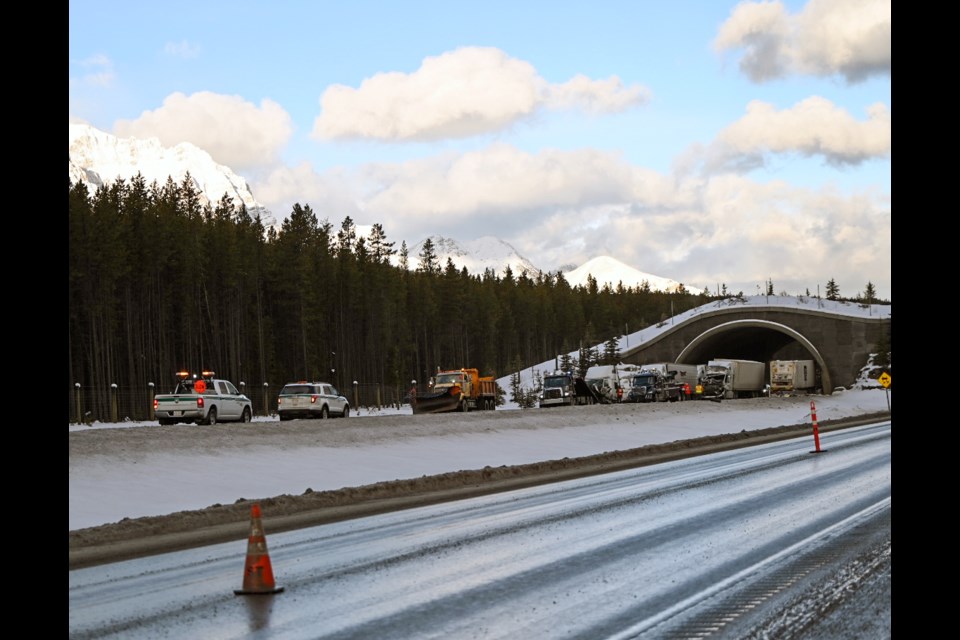 A multi-vehicle collision involving semi trucks on the east bound lane near Lake Louise on Tuesday (Jan. 30). MATTHEW THOMPSON RMO PHOTO  