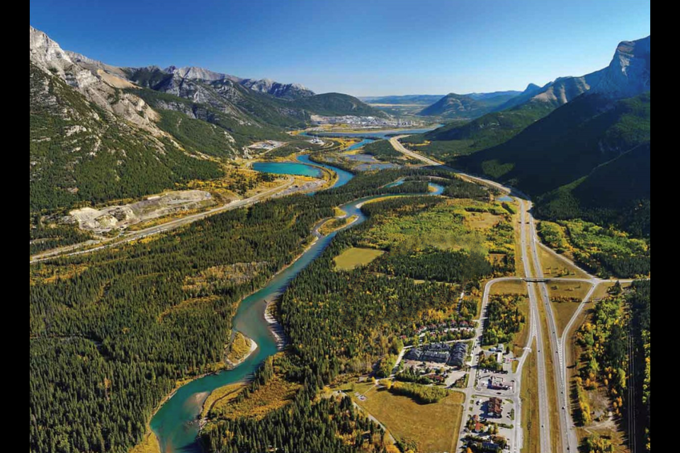An aerial view of the Bow Valley looking east toward Dead Man's Flats and Exshaw. Jean Marret's cabin, where he was murdered by his brother François Marret in 1904, was located along the Bow River in the lower left corner of the picture, where at that time there would have been fewer trees and more pasture.

PHOTO SUBMITTED.