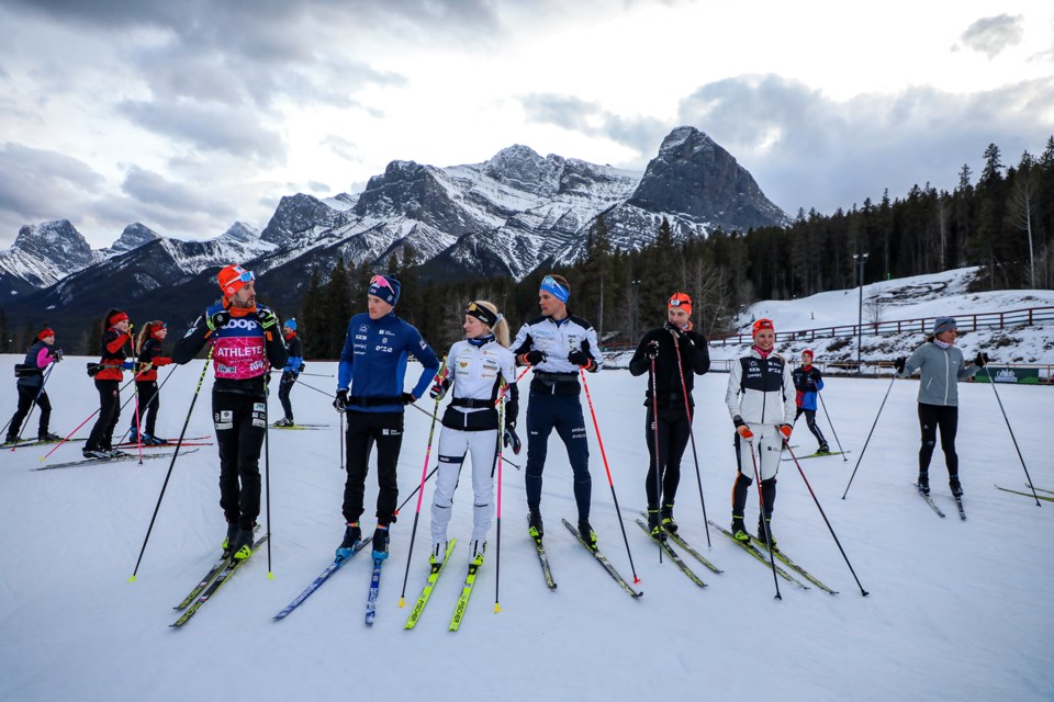 Some of the world’s top cross-country skiers who are competing in the upcoming Canmore World Cup (Feb. 9-13) share knowledge with the local ski community at the Canmore Nordic Centre on Wednesday (Jan. 31). From left: Thomas Maloney Westgard (Ireland), James Clugnet (Great Britain), Katerina Janatova (Czechia), Alvar Johannes Alev (Estonia), Uldis Spulle (Latvia) and Patricija Eiduka (Latvia). JUNGMIN HAM RMO PHOTO 