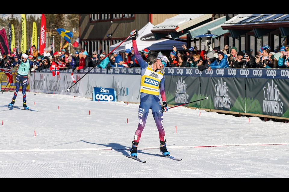 USA's Jessie Diggins crosses the finish line in first place in the women's 15 km mass start freestyle during the 2024 COOP FIS Cross Country World Cup at the Canmore Nordic Centre on Friday (Feb. 9). JUNGMIN HAM RMO PHOTO 