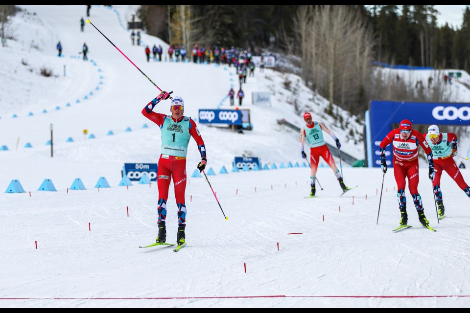 Norwegian Johannes Klaebo wins gold in the men’s sprint freestyle semifinal during the 2024 COOP FIS Cross Country World Cup at the Canmore Nordic Centre on Saturday (Feb. 10). JUNGMIN HAM RMO PHOTO