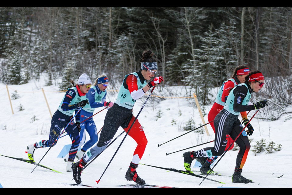 Canada’s Olivia Bouffard-Nesbitt (No. 30) starts in the women’s sprint classic quarterfinals during the 2024 COOP FIS Cross Country World Cup at the Canmore Nordic Centre on Tuesday (Feb. 13). JUNGMIN HAM RMO PHOTO