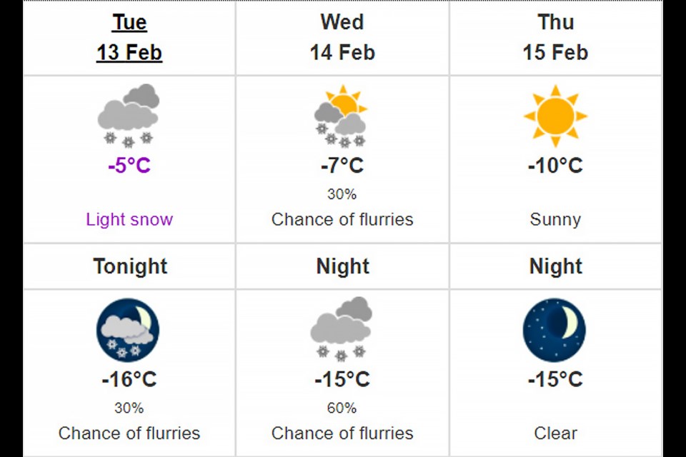 Environment Canada's forecast until Thursday (Feb. 15). SCREENSHOT
