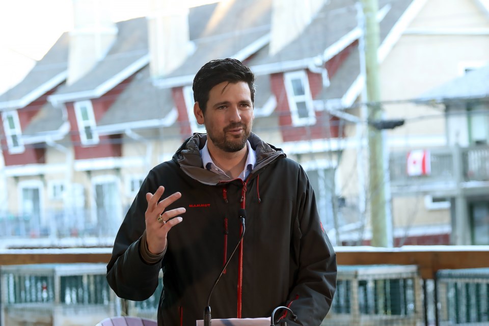 Sean Fraser, the federal minister of housing, infrastructure and communities, speaks at the federal government’s announcement for Banff’s Housing Accelerator Fund application. The Town received $4.66 million to help its housing action plan. GREG COLGAN RMO PHOTO