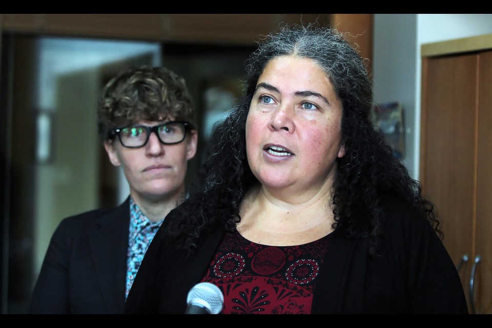 Banff-Kananaskis MLA Sarah Elmeligi, right, speaks on Monday (Feb. 26) at an NDP media conference with Edmonton-Highlands-Norwood MLA Janis Irwin about addressing the housing crisis in the Bow Valley. GREG COLGAN RMO PHOTO