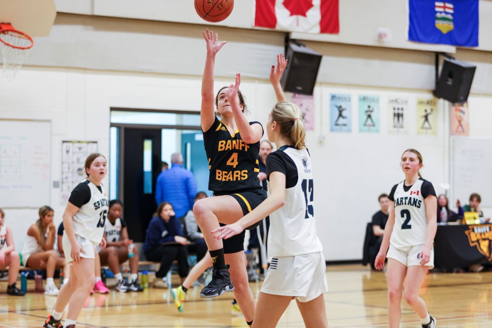 Banff Bears Breanne Carr goes for a layup against the Strathcona-Tweedsmuir Spartans during the Bears Classic senior girls basketball tournament at Banff Community High School on Friday (March 1). Bears won 47-27. JUNGMIN HAM RMO PHOTO