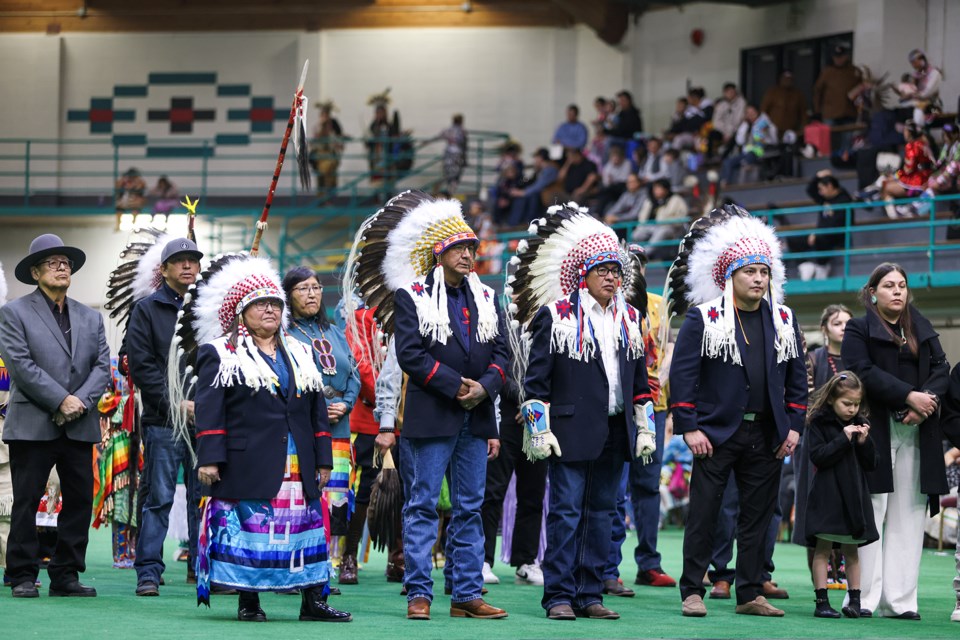 The Traditional Pow Wow was held in honour of the Chiniki First Nation's chief and council inauguration at Chief Goodstoney Rodeo Centre in Mînî Thnî (Morley) on Friday (March 8). From left: Coun. Verna Powderface, Coun. Charles Mark, Chief Aaron Young and Coun. Darius Chiniquay. JUNGMIN HAM RMO PHOTO