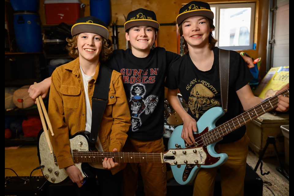 The Ducks, Timmy Mann, left, Charlie Kestle, middle, and Oliver Robins in their garage studio in Canmore on Monday (March 11). MATTHEW THOMPSON RMO PHOTO