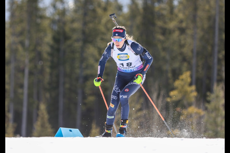 Italy's Lisa Vittozzi, who won gold,  pushes through the women's 7.5-km sprint at the IBU Biathlon World Cup at the Canmore Nordic Centre on Thursday (March 14). JUNGMIN HAM RMO PHOTO