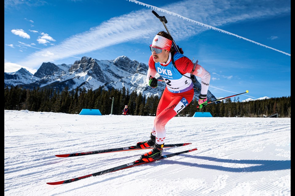 Canada's Adam Runnalls competes in the men's 10-km sprint at the IBU Biathlon World Cup 2024 at the Canmore Nordic Centre on Friday (March 15). JUNGMIN HAM RMO PHOTO