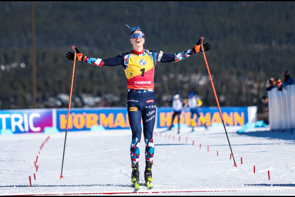 Norway's Johannes Thingnes Boe wins gold in the men's 12.5 km pursuit at the IBU Biathlon World Cup 2024 at the Canmore Nordic Centre on Saturday (March 16). JUNGMIN HAM RMO PHOTO