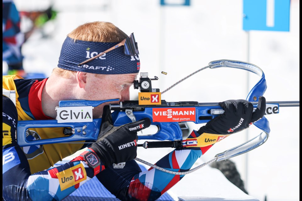 Norway's Johannes Thingnes Boe, who won gold, shoots in prone position in the men's 12.5km pursuit at the IBU Biathlon World Cup at the Canmore Nordic Centre on Saturday (March 16). JUNGMIN HAM RMO PHOTO 