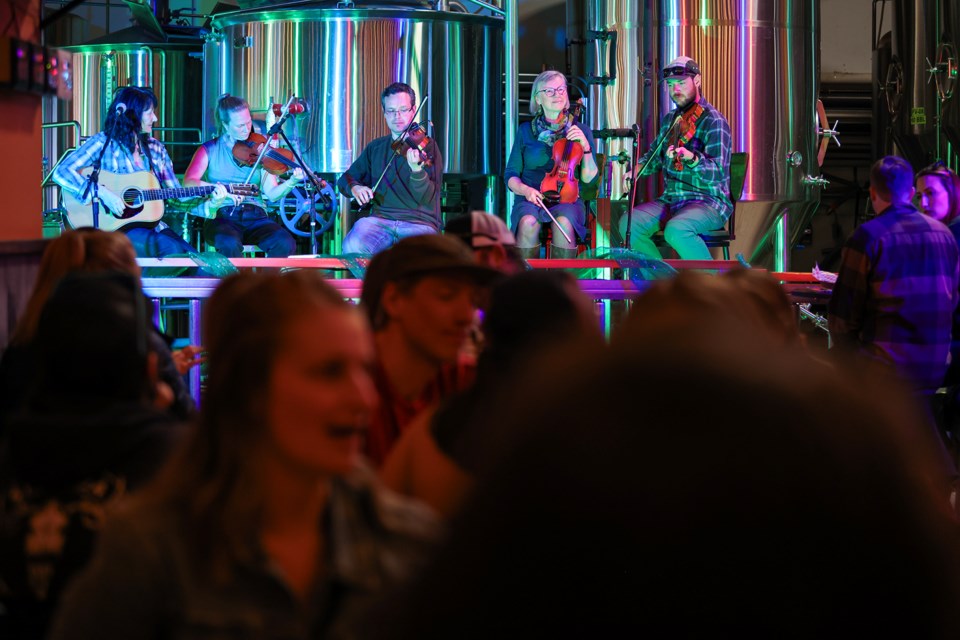 Live traditional Celtic fiddle music celebrates St. Patrick's Day at Canmore Brewing Company on Saturday (March 16). From left: Rhonda Shippy, Chelsea Sleep, Marty Gray, Kathleen Matheson and Ryan French. JUNGMIN HAM RMO PHOTO 