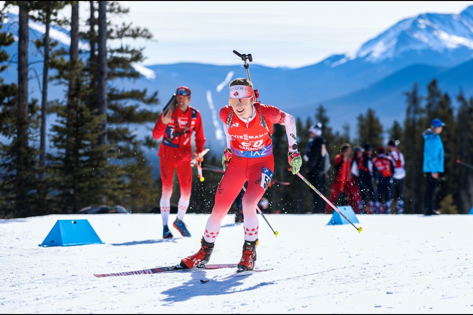 Canada's Emma Lunder skis through the women's 10km pursuit course at the IBU Biathlon World Cup at the Canmore Nordic Centre on Saturday (March 16). JUNGMIN HAM RMO PHOTO