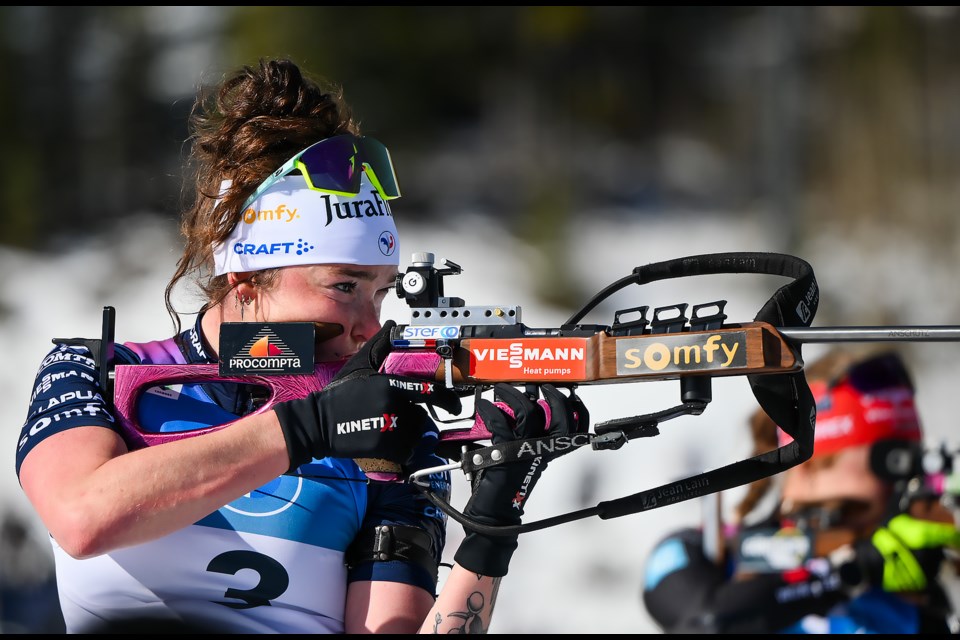 Lou Jeanmonnot of France shoots during the 12.5km mass start race at the 2024 IBU Biathlon World Cup at the Canmore Nordic Centre on Sunday (March 17). MATTHEW THOMPSON RMO PHOTO