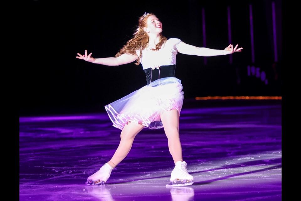 Paige Domenico showcases her figure skating skills during the "Aurora" performance at Canmore Skating Club's new production, Gliding Through the Sounds of Time, at the Thelma Crowe Arena at the Canmore Recreation Centre on Saturday (March 23). JUNGMIN HAM RMO PHOTO