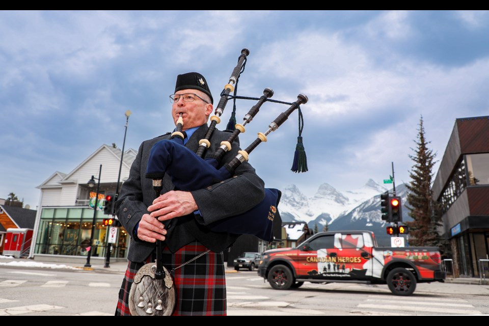 Mike Marshall plays bagpipes on Saturday (April 6) in downtown Canmore to mark Tartan Day, an annual celebration of Scottish culture and heritage. JUNGMIN HAM RMO PHOTO

