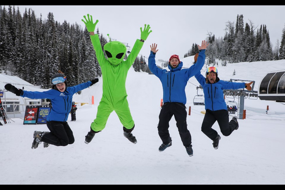 From left: Madison Scanlan, Aidan Woodward, Alexander Vanc and Sarah Cappel jump at Rocky Mountain Adaptive's ShredAbility 2024 fundraising event at Sunshine Village Ski Resort in Banff National Park on Saturday (April 6). JUNGMIN HAM RMO PHOTO