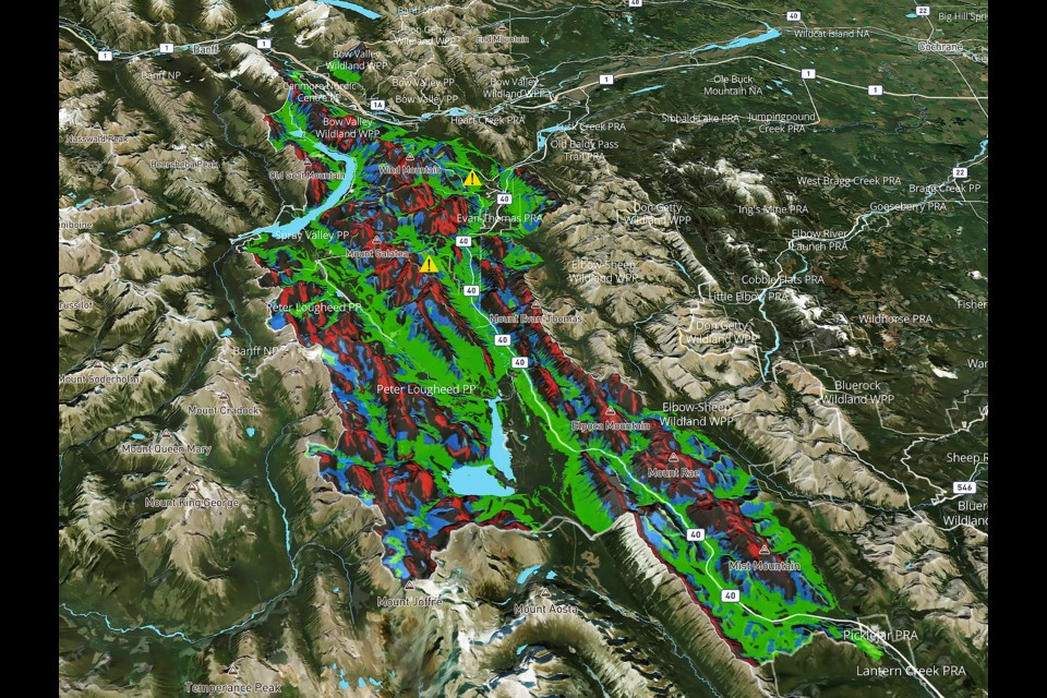 A screenshot of the area covered by the Automated Avalanche Terrain Exposure Scale (AutoATES) map  in Kananaskis Country. Colour coded areas range from red, demonstrating extreme avalanche terrain hazard to no defined colour, meaning there is no avalanche risk. 

ALBERTA PARKS SCREENSHOT