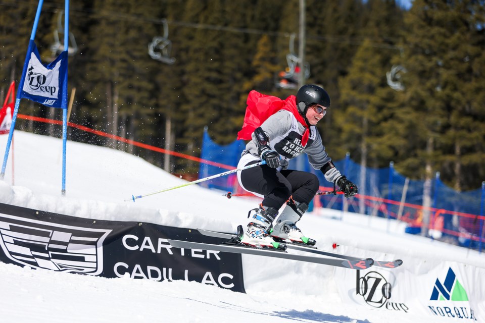 Abby Balkwill, dressed as Captain Underpants, smiles while jumping at the annual Rob Bosinger memorial Bozocup at Mount Norquay in Banff National Park on Saturday (April 20). JUNGMIN HAM RMO PHOTO