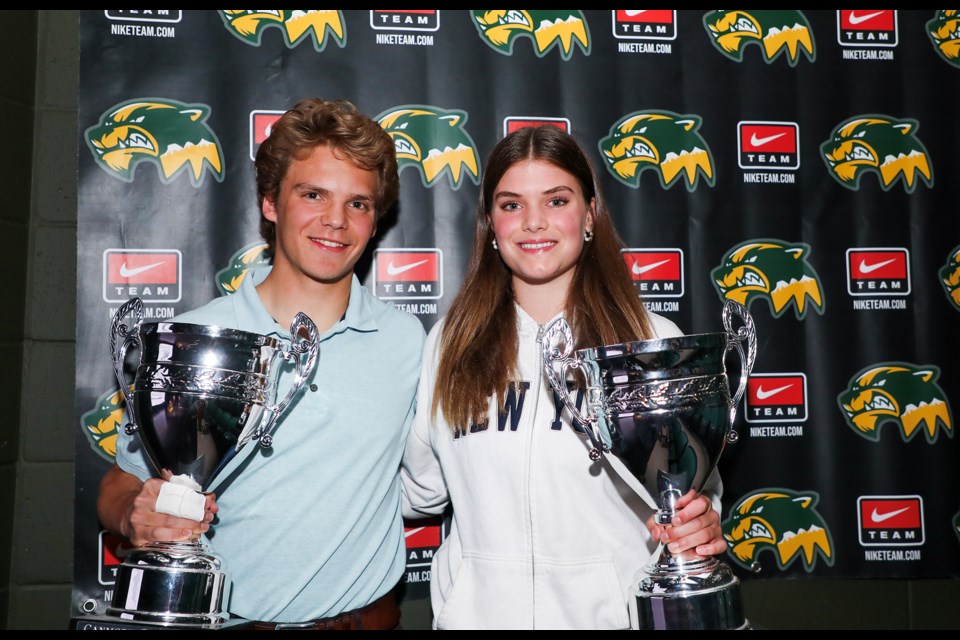 Canmore Collegiate High School Wolverines' 2023-24 athletes of the year award winners Jay Porter, left, and Jordan Lakusta on Wednesday (June 5). JUNGMIN HAM RMO PHOTO 