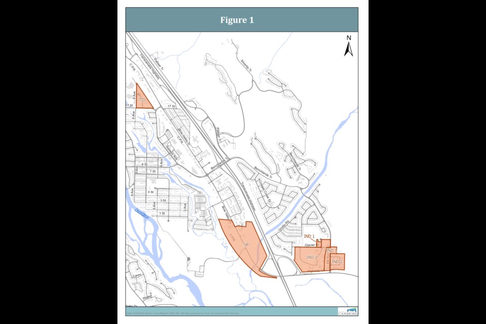 A map showing the highlighted areas proposed for changes to remove employee housing from being a land use. HANDOUT