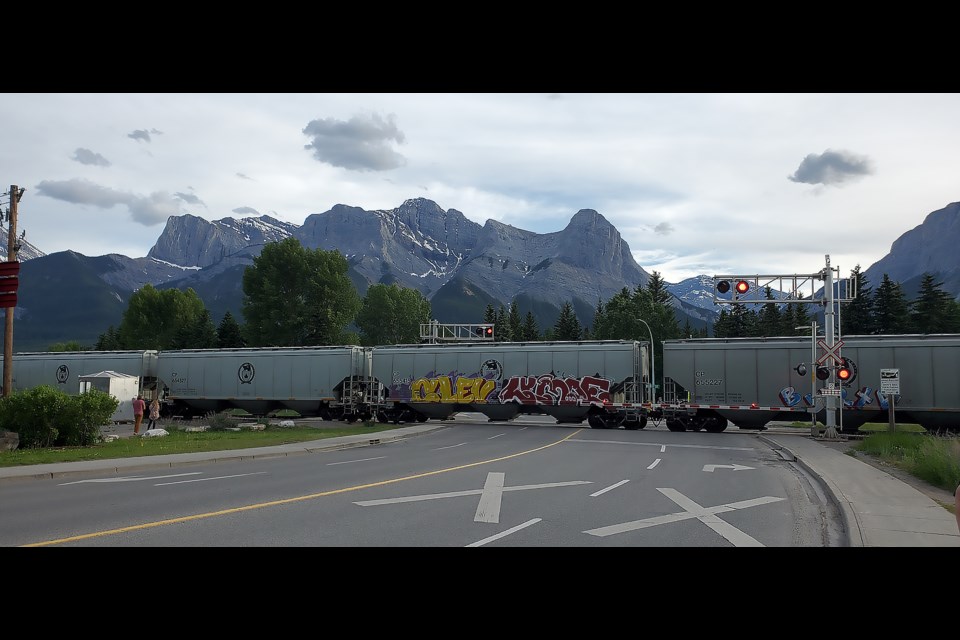 A CPKC Rail moves east as it crosses Railway Avenue in Canmore on July 5, 2024. GREG COLGAN RMO PHOTO