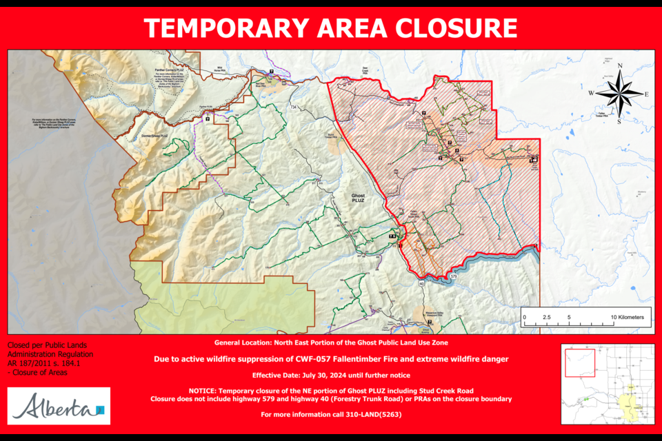 A map of an area closed due to a wildfire burning in the northeastern reaches of the MD of Bighorn. 

SCREENSHOT