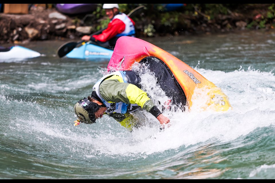 Jordy Munro performs a spin move during the freestyle event at the 2024 National Whitewater Championships in Kananaskis last August. JUNGMIN HAM RMO PHOTO