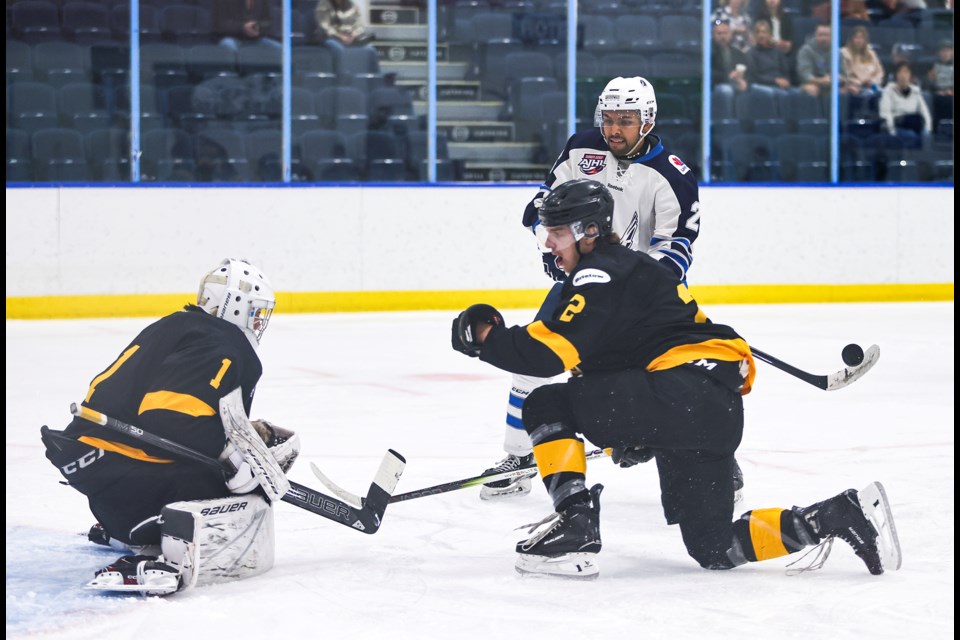 Canmore Eagles forward Kayden Rawji looks to score against the Olds Grizzlys during a preseason game at the Canmore Recreation Centre on Friday (Sept. 6). The local team won both of its preseason games. JUNGMIN HAM RMO PHOTO