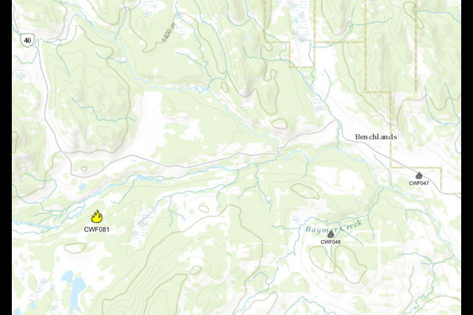 A map of the location of a small wildfire burning in the MD of Bighorn, west of Benchlands and south of the Ghost River. 

ALBERTA WILDFIRE SCREENSHOT