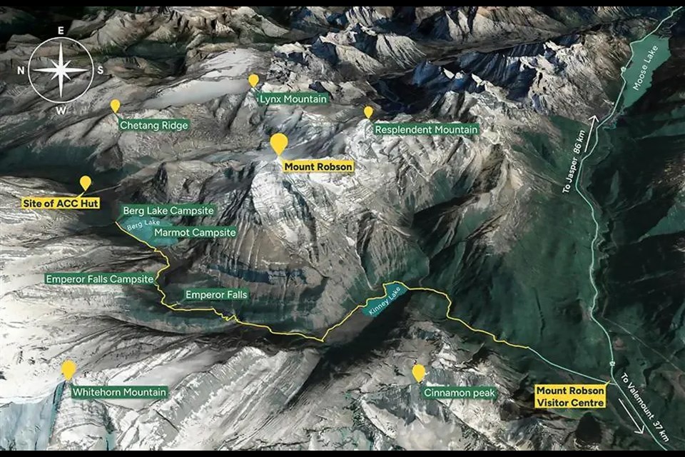 A map of the location for Alpine Club of Canada's cabin in Robson Pass. HANDOUT