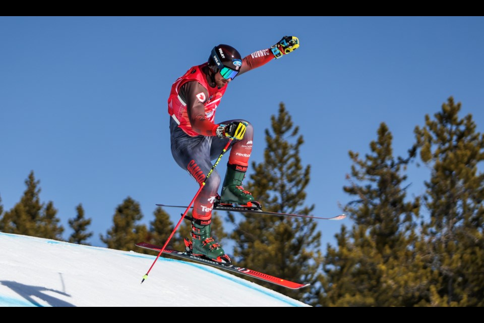 Reece Howden fly over a jump in the semi-final race during the men's ski cross Canadian national championships at Nakiska Ski Area in Kananaskis Country on Saturday (April 5).  JUNGMIN HAM RMO PHOTO 