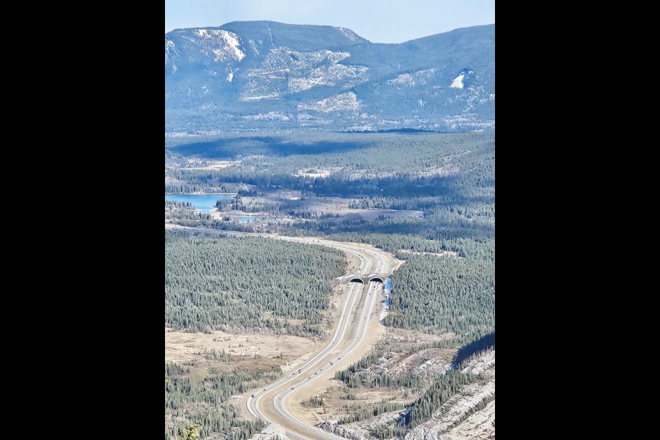 A view of the Peter Lougheed wildlife overpass from Exshaw Mountain on April 13, 2025. GREG COLGAN RMO PHOTO