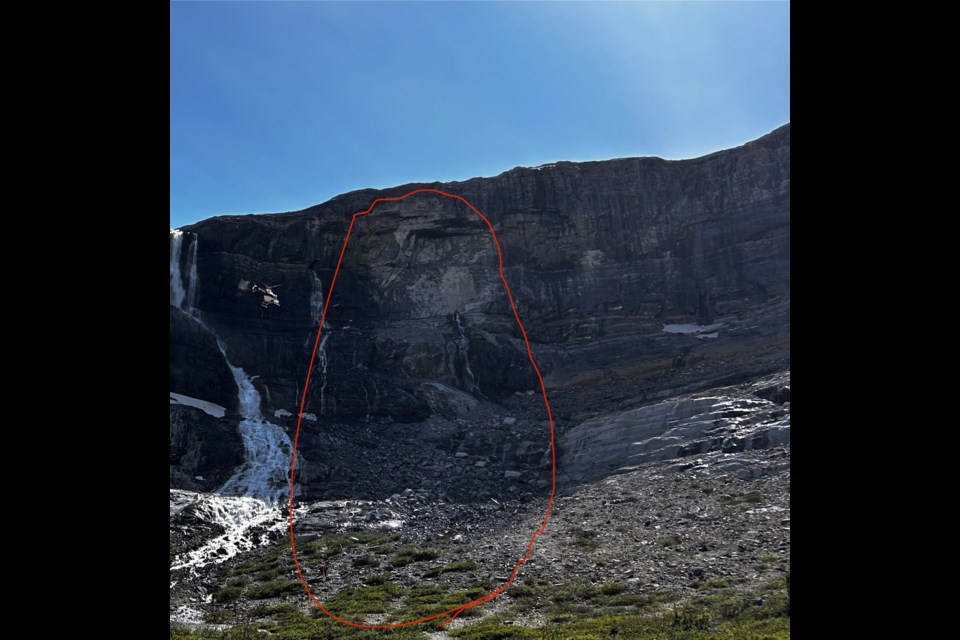 The rockfall area at Bow Glacier Falls. PHOTO COURTESY OF LINDSAY McPHERSON/PARKS CANADA