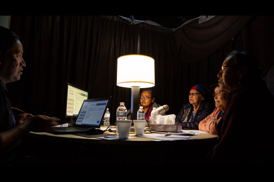 Stoney Nakoda members Travis rider, left, Heather Cressman, Glenda Crawler, Dianne Ridsdale and Margaret Rider discuss the meaning of the Stoney word for light at the Stoney Nakoda Resort & Casino on Thursday, September 26, 2019. More than 30 elders spent a week cataloguing the Stoney language. Evan Buhler RMO PHOTO