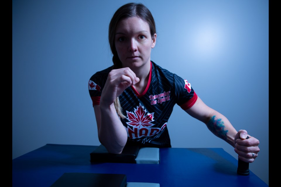 Professional arm wrestler, Annie Beals, is a four-time national arm wrestling champion for both left and right arms. She will be representing Team Canada at the world championships, November 2-3, in Romania. EVAN BUHLER RMO PHOTO