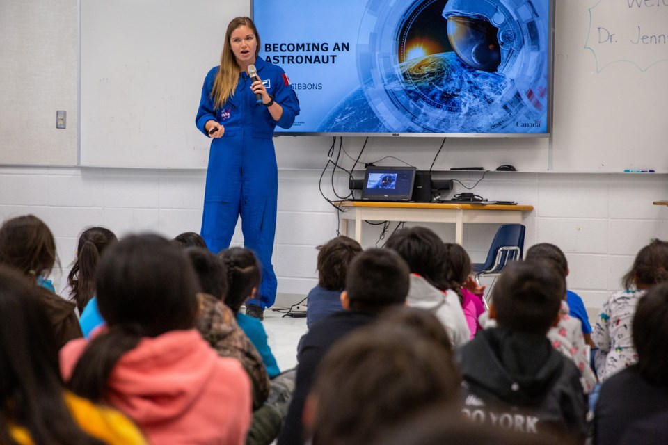 Canadian astronaut, Jenni Sidey-Gibbons speaks to students at Exshaw School about what it takes to become an astronaut and the Canadian Space Agency's Junior Astronauts campaign on Friday (Nov. 1). Sidey-Gibbons took time after her presentation to answer the students questions about space. Evan Buhler RMO PHOTO