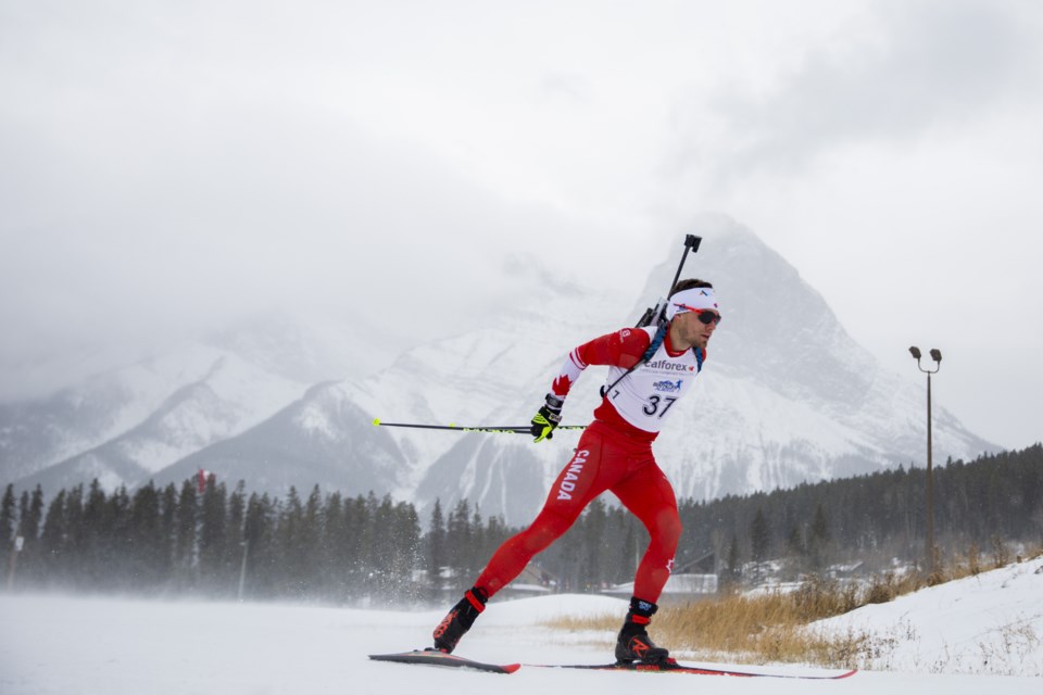 Christian Gow of the national biathlon team races in the Biathlon Canada Trials at the Canmore Nordic Centre on Tuesday (Nov. 5). Evan Buhler RMO PHOTO