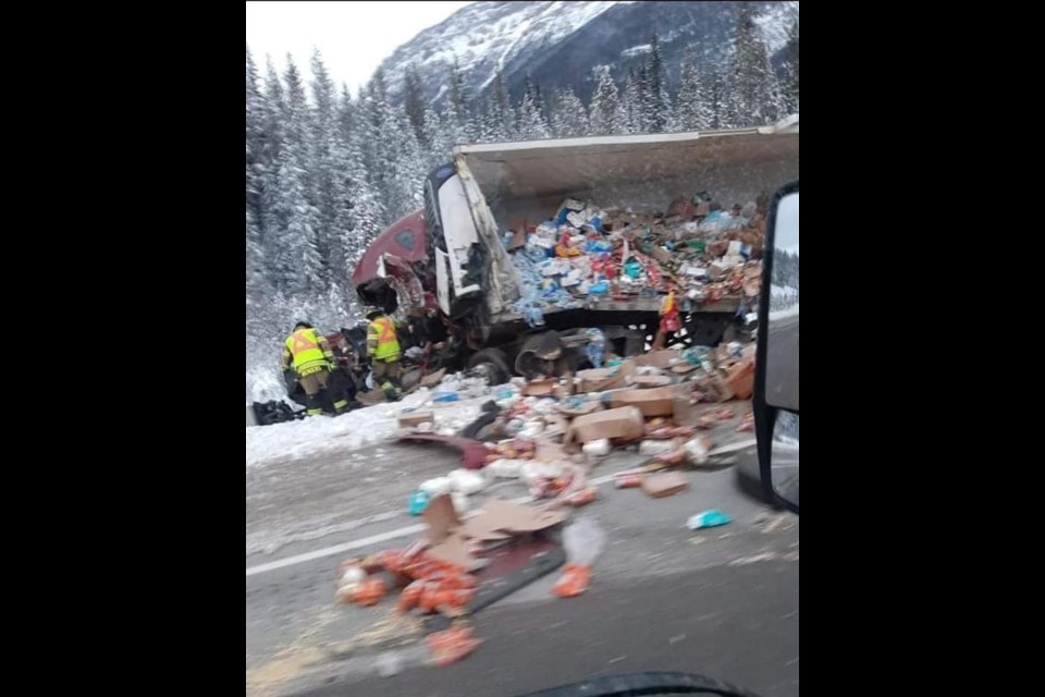 The aftermath of a dump truck and semi-tractor trailer colliding on Highway 93 South near the Alberta and B.C. border on Tuesday morning (Nov. 9). TAMARA COLE PHOTO