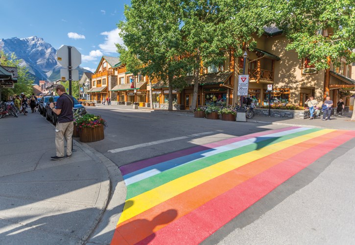 The rainbow pride crosswalk on Bear Street in Banff was installed in 2018. The redesign and construction of the street has led the municipality to install a new rainbow along the Bow River pathway near the pedestrian bridge. RMO FILE PHOTO