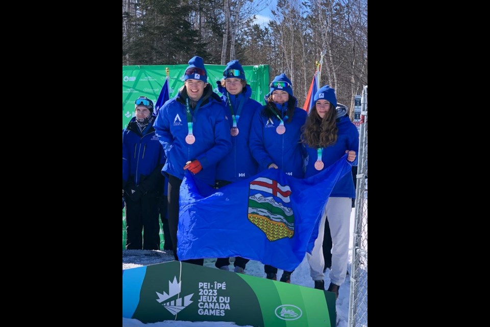Team Alberta's mixed relay biathlon team Kase Repp, Aimee-Rae Morin, and locally-based skiers Liam Tinworth and Lucia Baergen. TEAM ALBERTA FACEBOOK PHOTO