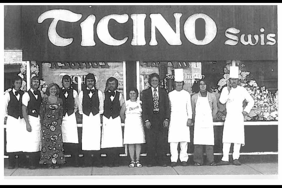 Ticino Swiss-Italian Restaurant from 1976 at its original location in Banff at 205 Wolf Street where previous owner George Schwarz, chef Albert Moser and Erwin Widmer who was a waiter at the time. Today Ticino Restaurant has been passed down to Widmer's daughter, Angela Helie and her husband, Louis-Pierre Helie and is now located at 415 Banff Ave. SUBMITTED PHOTO