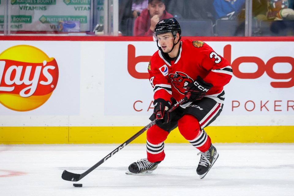Luke Philp in his Rockford IceHogs debut on Saturday (Oct. 15) against the Manitoba Moose. Philp had two goals and three points in an OT victory. MANITOBA MOOSE PHOTO