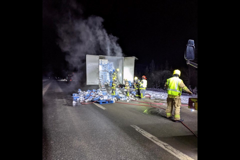 Canmore Fire-Rescue firefighters respond to a semi-truck and trailer fire on the Trans-Canada Highway Sunday morning (Dec. 27). CANMORE FIRE-RESCUE PHOTO