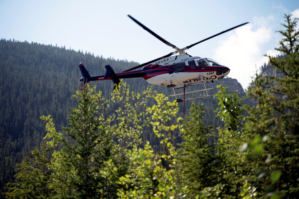 An Alpine helicopter lifts off at the Heart Creek Day Use Area on Saturday (July 29) near Lac Des Arcs. MATTHEW THOMPSON RMO PHOTO