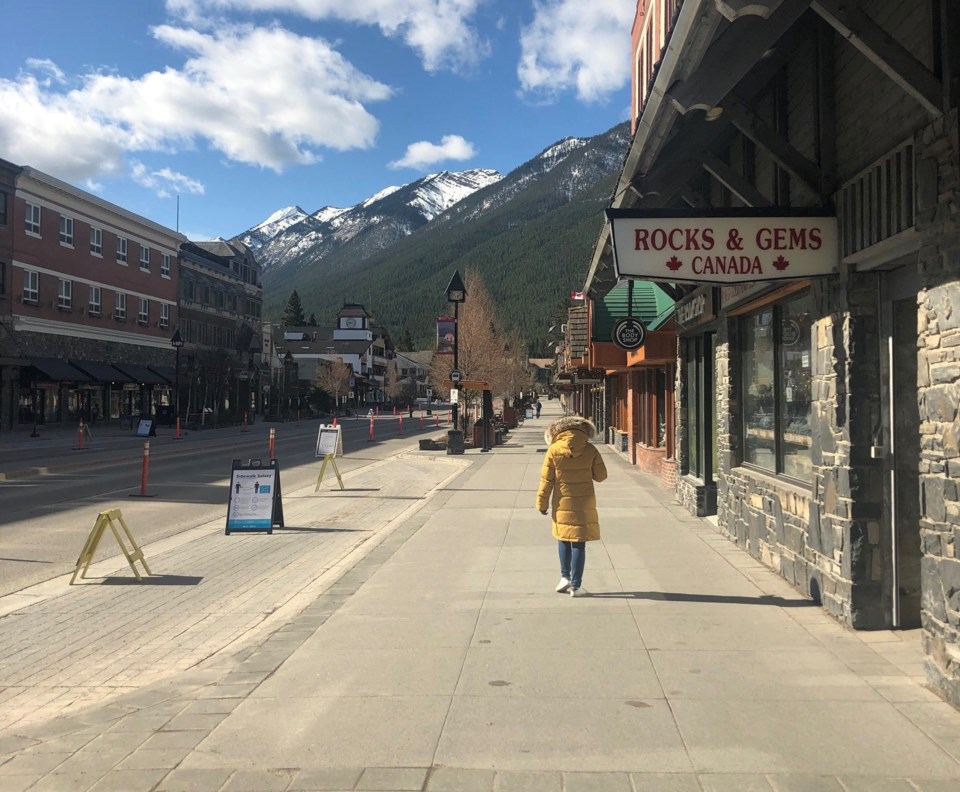 Banff Ave sidewalk May long weekend 2020