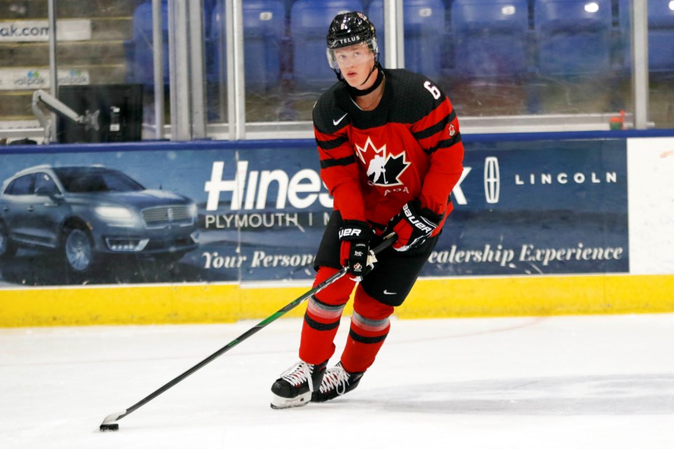 Jacob Bernard-Docker plays in the USA versus Canada game during the World Junior Summer Showcase on July 30 in Plymouth, Michigan. DENNIS PAJOT HOCKEY CANADA PHOTO